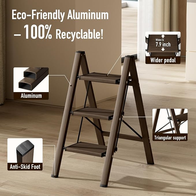 Mayi Plus 3 Step Stool Foldable, Aluminum, Lightweight Step Ladder | Extra-wide anti-slip folding steps with 330 lbs, for home,kitchen,office,outdoor,office,Walnut