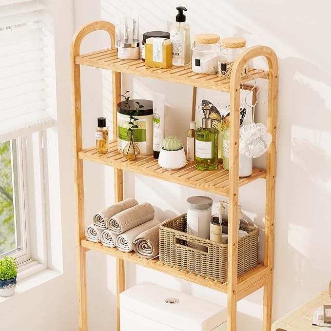 GIANTEX Bamboo Over The Toilet Storage, 3-Tier Over Toilet Bathroom Organizer with 3 Hooks & Adjustable Shelves, Freestanding Space Saver Above Toilet Shelf Rack for Laundry, Balcony, Restroom