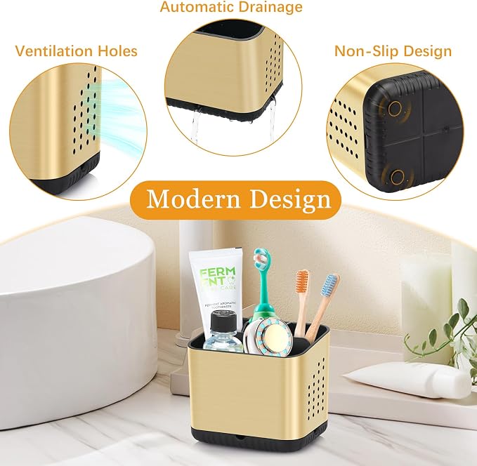Tooth Brush Holders for Bathrooms, Toothbrush Organizer (Brushed Gold) | Easy To Clean, Drainage, Removable, Non-Slip, 4 Slots ToothBrush Holder for Bathroom Countertop Organizer
