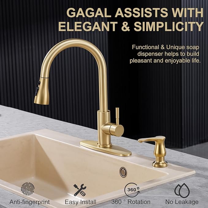 Gold Kitchen Sink Soap Dispenser with 17 OZ Bottle | Soap Dispenser for Kitchen Sink, Built in Soap Dispenser, Liquid Dispenser, Refill from The Top, G086BG