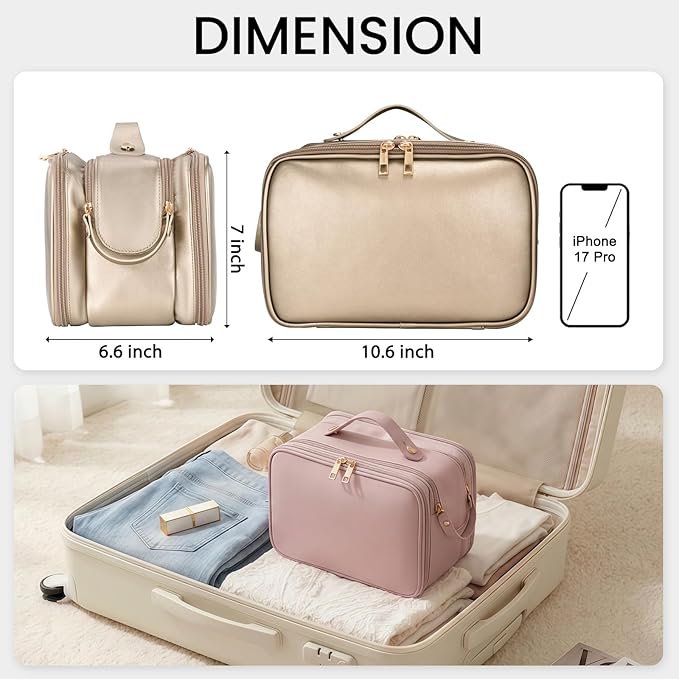 HauteHues Travel Makeup Bag Women's Large Capacity Cosmetic Portable Organizer Large Opening Waterproof Storage Toiletry Bags Vertical Free-Standing Brush Holder for Easy Access Copper