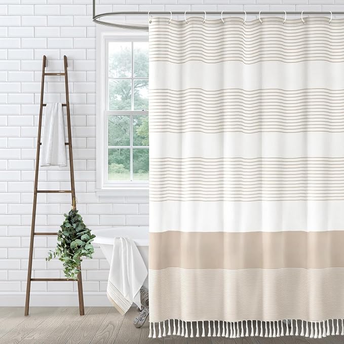 Beige Boho Cotton Striped Shower Curtain with Tassel 60" W X 72" L | Boho Farmhouse Shower Curtains for Bathroom with Soft Cotton Feel