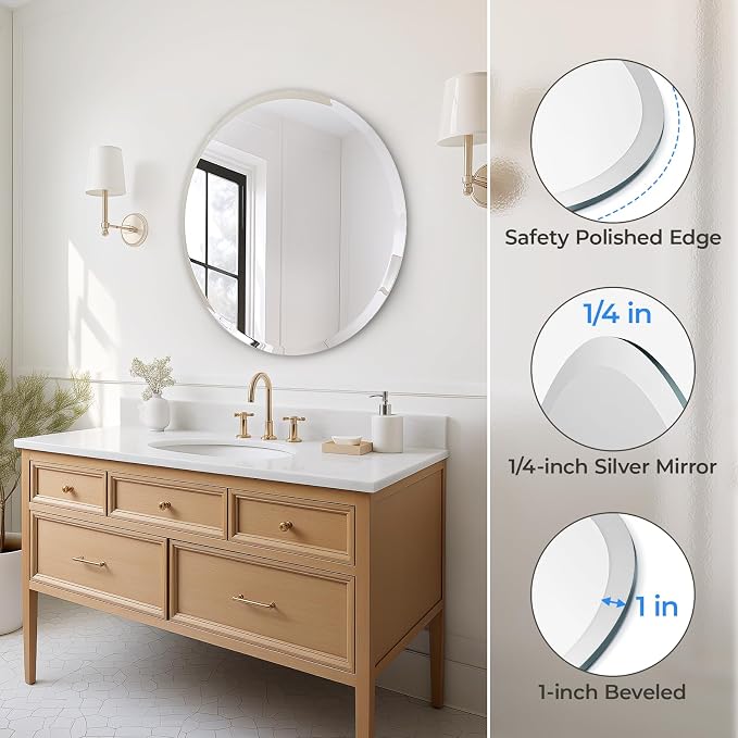 Frameless Round Bathroom Mirror 24" | Circle Vanity Mirror for Wall Decor, with Beveled Edge, for Bathroom, Living Room, Entryway, Modern & Elegant Look