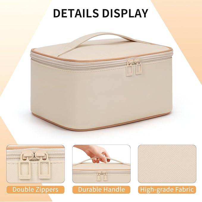 Beige Makeup Bag,Travel Makeup Organizer Bag, Large Capacity Cosmetic Bags For Women Large Travel Toiletry Bag Girls Traveling With Brush Slot And Divider-White