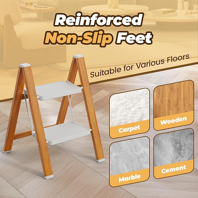 HBTower 2 Step Ladder, Lightweight Aluminum Folding Step Stool | Anti-Slip Wide Pedal, 330lbs Capacity Step Ladder for Household Kitchen Office, WhiteWoodgrain