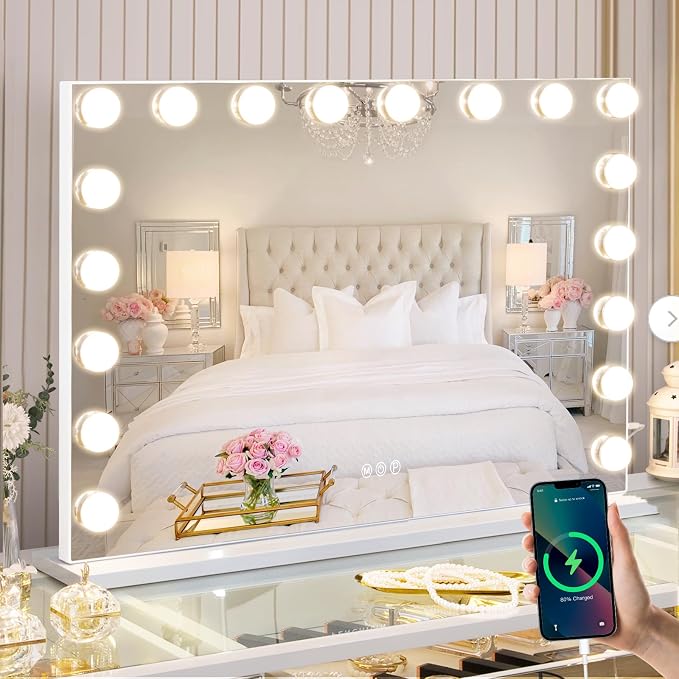 FENCHILIN Vanity Mirror with Lights, Hollywood Lighted Makeup Mirror with 18 Dimmable LED Bulbs for Dressing Room & Bedroom, Slim Metal Frame Design, White