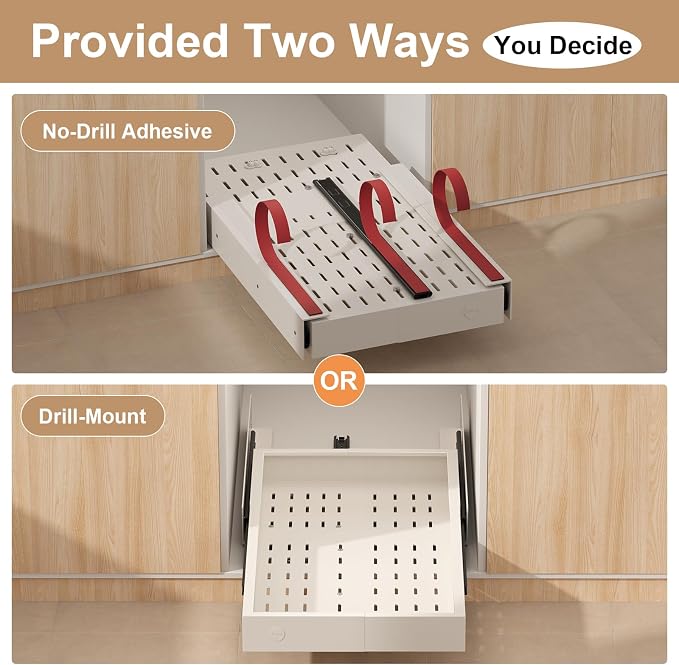 Fokyfok Pull out Cabinet Organizer,11"-17"W,25"-32"D,Expandable,Adhesive | No Drill,3 Rails,Adjustable Slide out Drawers for Kitchen,Pantry,Roll out Shelves,for Cabinets Without Lip,Bathroom,White,1PC