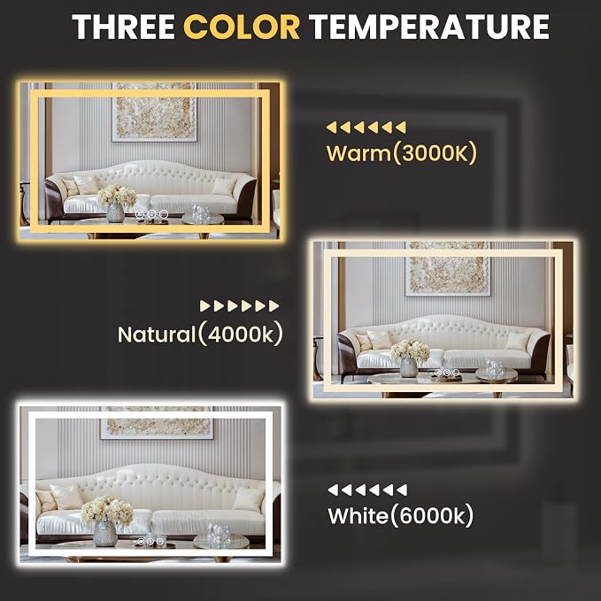 LOAAO 55"X40" LED Bathroom Mirror with Lights | Anti-Fog, Dimmable, 3 Color Temperature, Backlit + Front Lit, Memory Function, Tempered Glass, UL Listed