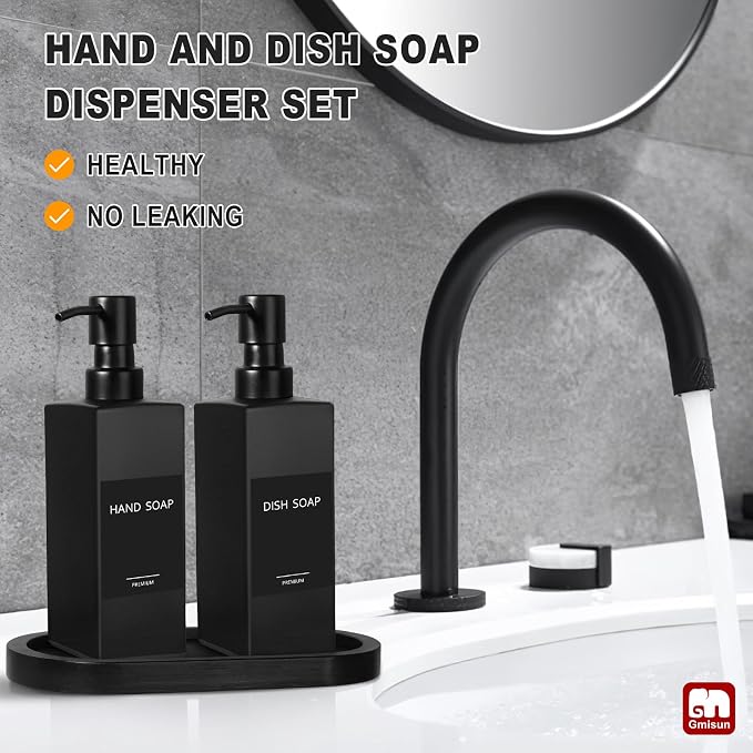 GMISUN Kitchen Soap Dispenser Set, Hand and Dish Soap Dispensers Set, Black Liquid Soap Dispenser with Tray, Refillable Dish Dispensers for Kitchen, Glass Soap Bottles with Stainless Steel Pump