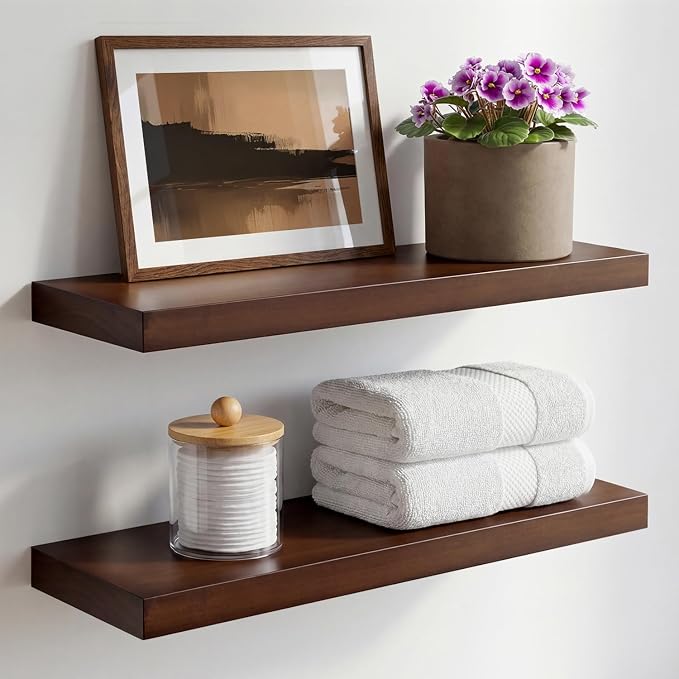 Walnut 20 inch Floating Shelf, High End Solid Real Wood 20inch Floating Shelves for Wall Mounted, Dark Brown 20 inches Long Floating Shelves, Heavy Duty Bracket, 20 X 6.5 X 1.75 in, Set of 3
