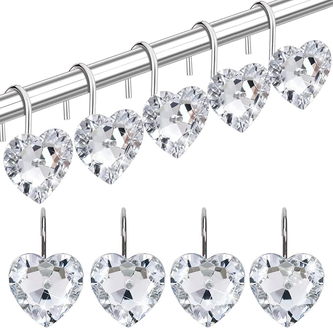 TOAOB 12 Sets Shower Curtain Hooks Rings Heart Bling Clear Rust Proof Stainless Steel Shower Rod Hangers for Decorative Curtains Bathroom