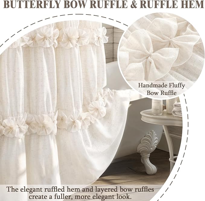 Boho Ruffle Farmhouse Fall Linen Shower Curtain Vintage Cream 72" W x 72" H | Fall Linen Blend Fabric, Ruffle Bow and Ruffled Hem，Linen Texture，Machine Washable，12 Metal Holes and Plastic Hooks
