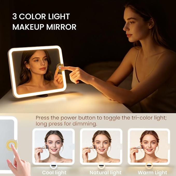 Faquenc Leather Makeup Bag with LED Lighted Mirror 9.64 Inch Travel Makeup Organizer Bag Adjustable Brightness in 3 Colors Cosmetic Case Artist Storage Bag with Dividers Brush Holder Bag Vanity Pink