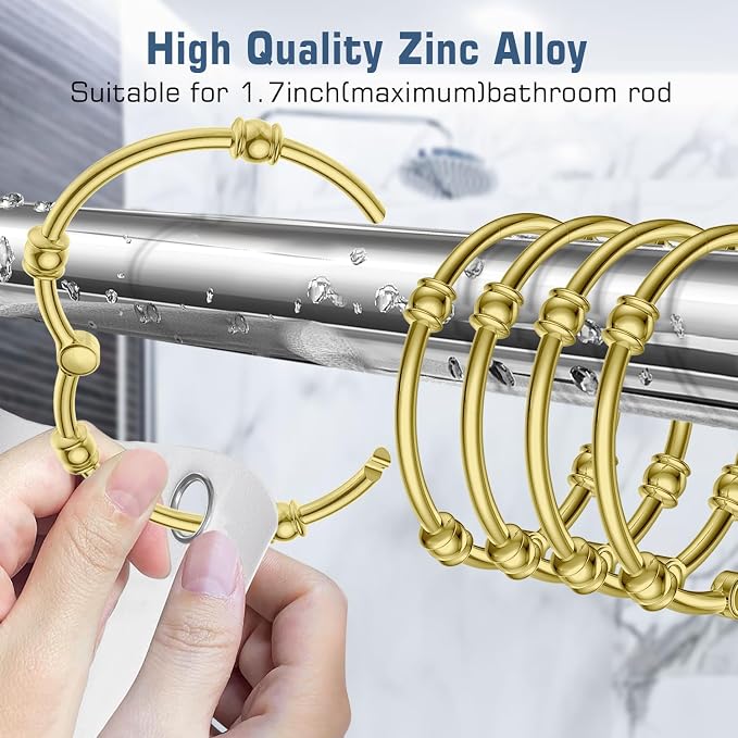 Gold Shower Curtain Hooks, Rust Proof Metal Decorative Shower Rings for Bathroom, Glide Smoothly on Shower Curtain Rod, 12 Pcs Zinc Alloy