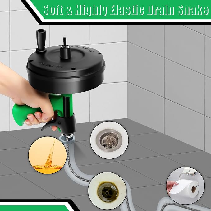 50 Ft Drain Snake, Fast Unclog Snake, 1/4 Inch, Green | Manual & Electric Plumbing Snaker for Shower Sink, Toilet and Kitchen, Drain Auger 50 ft Comes with Gloves and Bag