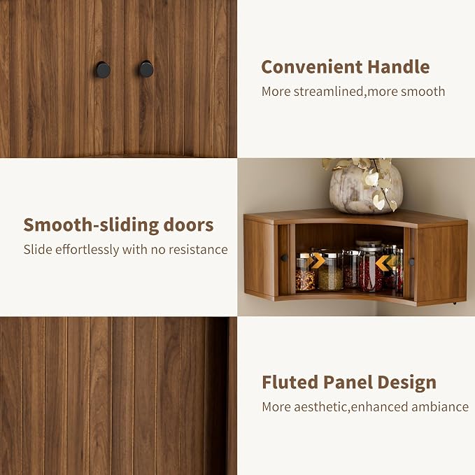 Corner Shelves Wall Cabinet Set of 3, Floating Corner Shelf Organizer with Sliding Doors, Fluted Wall Cabinet for Living Room, Bedroom, Office, Small Space, Walnut (recessed, 15.74")