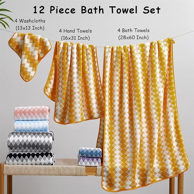 12 Pcs Ginger Yellow White Diamond Towel Set-4 Bath Towels,4 Hand Towels,4 Washcloths Soft Polyester Bath Towel with Loop Absorbent Shower Towel Quick Dry Family Towels for Bathroom Spa Gym