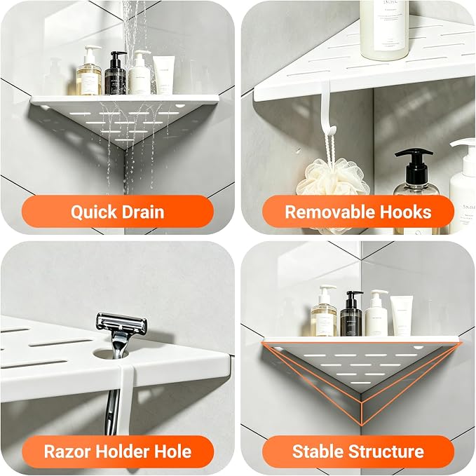 Corner Shower Shelves, 10" white 304 Stainless Steel Recessed Shelf for Bathroom，With silicone soap dish and razor holder，Grout in Shelf with Hooks for Tiled Wall 2 Pack(white)