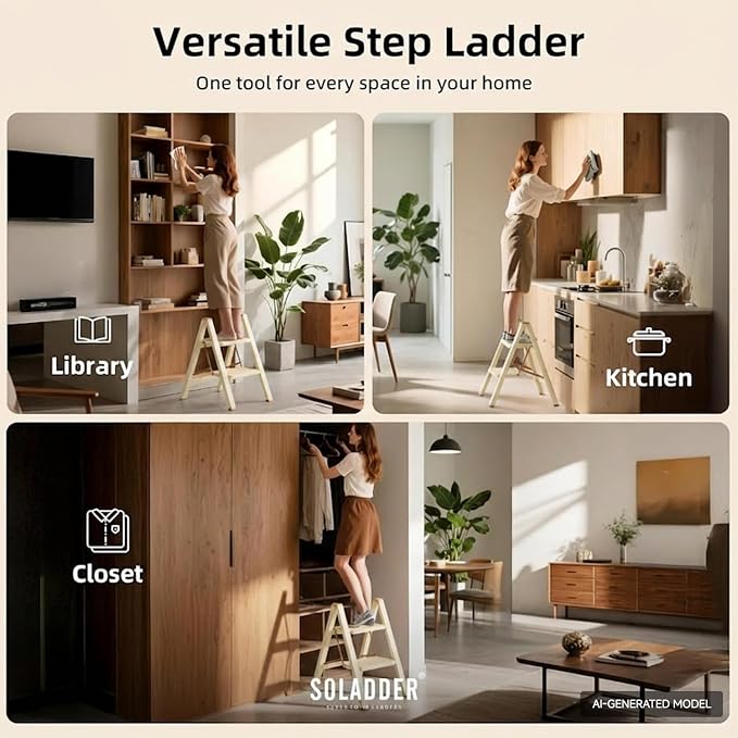 2 Step Ladder, Folding Step Stool, Cream Chocolate | Wide Anti-Slip Steps and a Foldable, Space-Saving Design for Adults to Use in Kitchens, Closets, Library,300 lbs