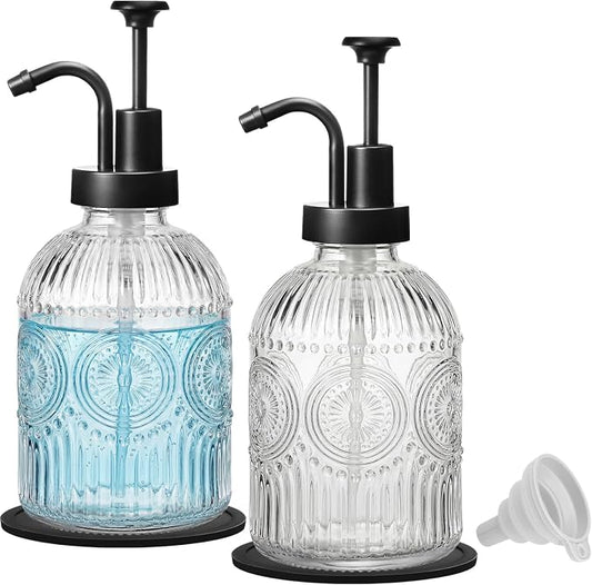 SheeChung 12oz Vintage Glass Soap Dispenser with Black Pump, Clear, 2 Pack | Refillable Dish and Hand Soap Dispenser for Bathroom Kitchen, Rustic Liquid Lotion Bottle,BPA-Free,Funnel,Mat,Farmhouse Decor