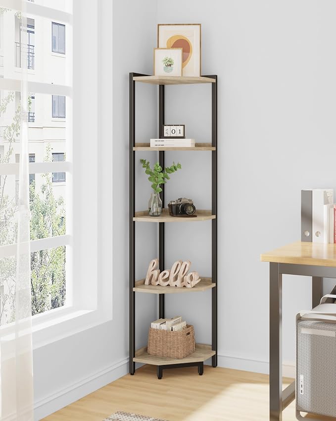 Hzuaneri Corner Shelf Stand, Corner Bookshelf with Metal Frame | Storage Standing Shelf Unit Plant Stand, Bookcase for Living Room, Home Office, Bedroom, 5-Tier Greige CS05905B