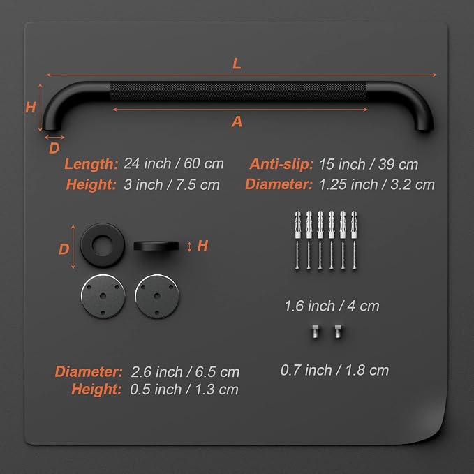 Black Safety Bar 24 Inch, Shower Grab Bar for Senior | Anti-Slip Knurled Grip, 1.25" Diameter, Stainless Steel Bathroom Handrail for Elderly, Handicap Support Bars, Wall Mounted