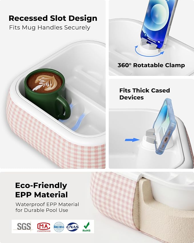 Viozon Couch Cup Holder Tray, EPP Foam Floating Bathtub Tray & Pool Caddy with 360° Adjustable Phone Stand Dock, Detachable Snack Drink Organizer for Sofa Bed, Pink.