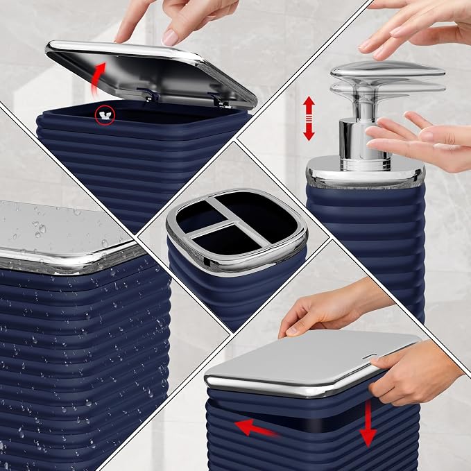 Bathroom Set - 25PC Bathroom Sets with Shower Curtain and Rugs, Blue Bathroom Set, Bathroom Accessory Set, Luxury Bathroom Accessories Set, Trash Can, Toilet Brush, Soap Dish & Soap Dispenser