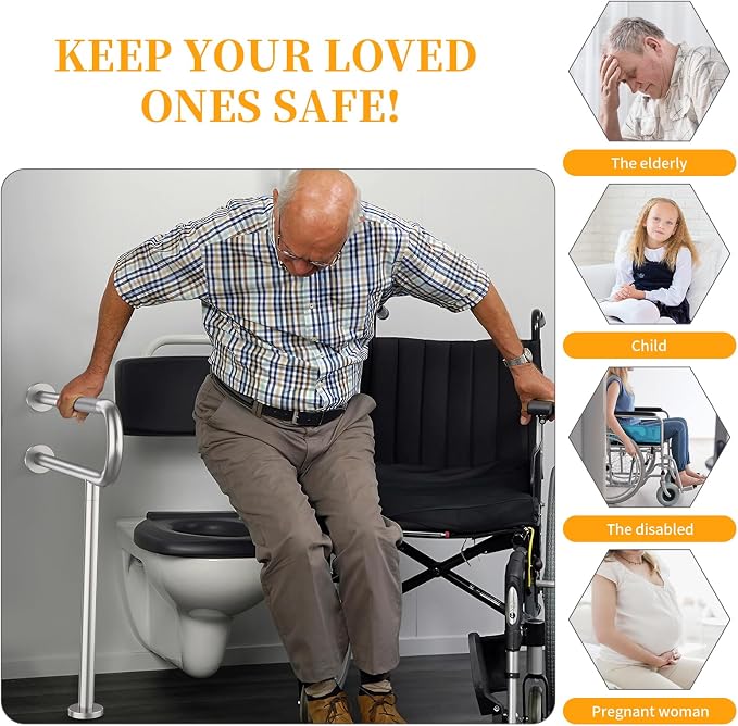 Toilet Grab Bar 32 Inch,YuanDe Wall to Floor Brushed Nickel Safety Grab Bar | Anti-Slip Knurled Grip,Stainless Steel Bathroom Handicap Grab Bar with Leg,Support Bar for Disabled Elderly Pregnant