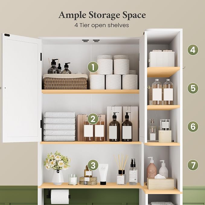 7-Tier L-Shaped Wooden Over the Toilet Storage Cabinet with Doors, Modern Over Toilet Bathroom Organizer Shelf with 2 Large Drawers, Bathroom Over Toilets Storage Cabinet, Space Saver, White