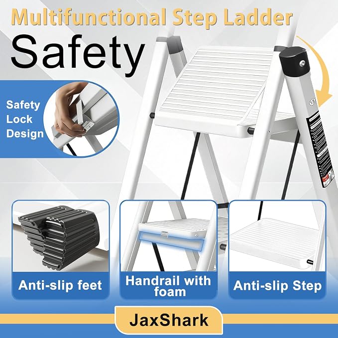 3 Step Ladder Folding Step Stool Sturdy Carbon Steel Frame | 500LBS Capacity Sturdy Anti-Slip Thick Pedal & Feet Portable for Home Kitchen Garage(white-3step)