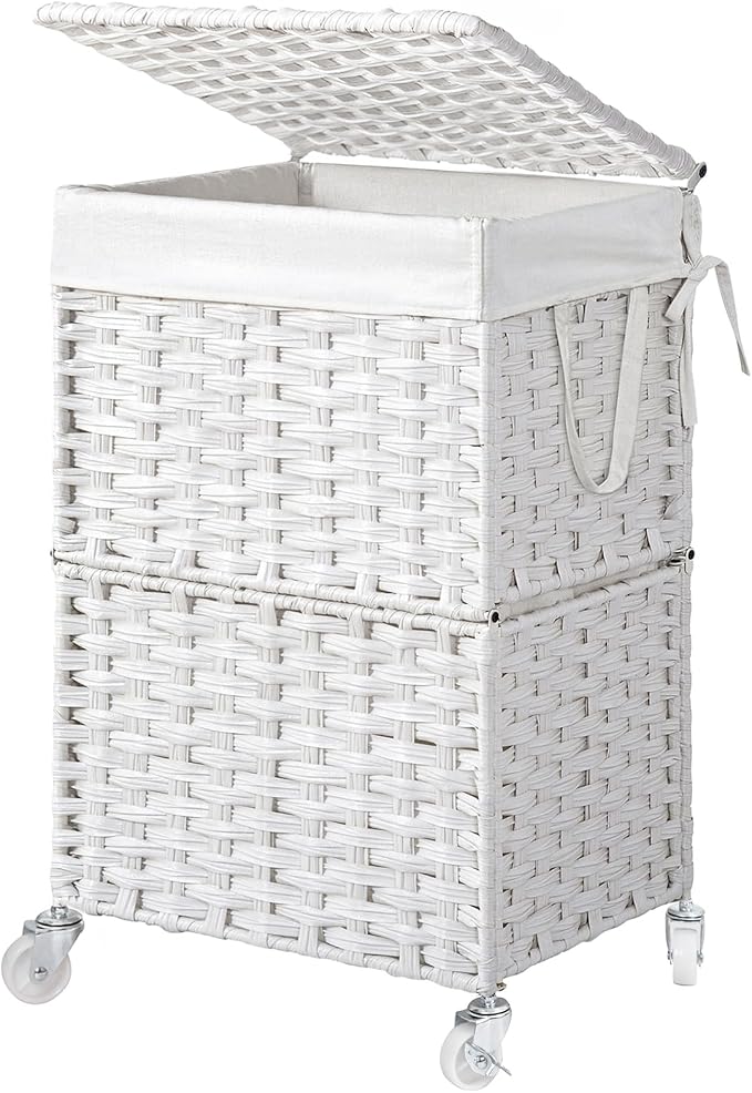 Chrislley Wicker Laundry Basket with Wheels,Rolling Laundry Hamper with Lid | 90L Slim Clothes Hamper with Wheels & Removable Liner Bag, Handwoven Rattan Laundry Organizer for Bedroom, Bathroom, White
