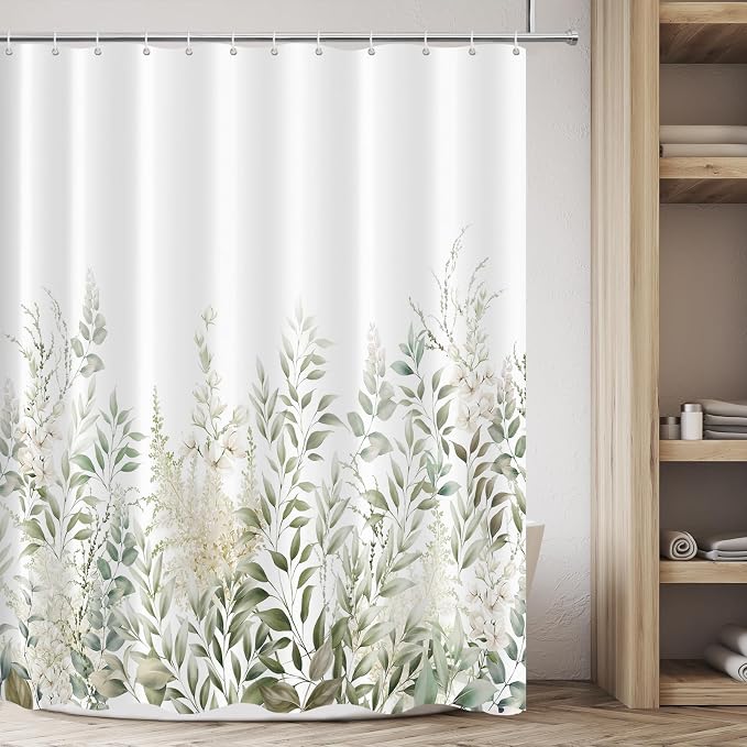 Tititex Retro Sage Green Leaves Shower Curtain, Light White Floral Plant Bathroom Decoration Shower Curtain Sets 71x71 Inch with Hooks