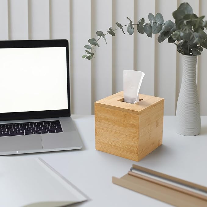 Bamboo Tissue Box Cover, Square Wood Tissue Box Holder, Wooden Facial Paper Holder for Bathroom, Bedroom, Dinner Table, Office (Square - 1 Pack)