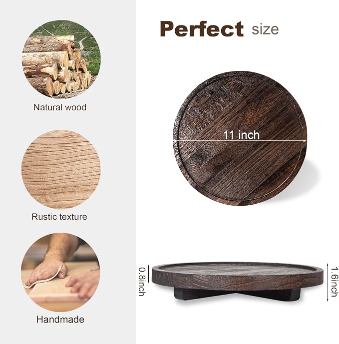 Round Decorative Tray Farmhouse Kitchen Decor Soap Dish, 11" Dark Brown | Waterproof, Lightweight, Easy Clean, Wood Riser Pedestal Stand Accessories for Office Desk, Vanity, Counter, Sink