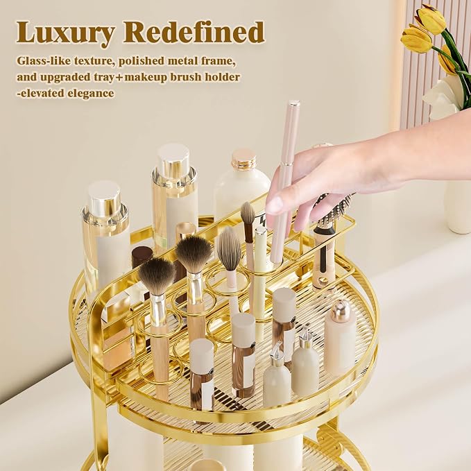 360°Rotating Makeup Organizer, Gold Bathroom Organizer Countertop | 2-Tier Bathroom Organizer Countertop, Lazy Susan Spinning Perfume Stand Vanity Tray Skincare Storage with Makeup Brush Holder