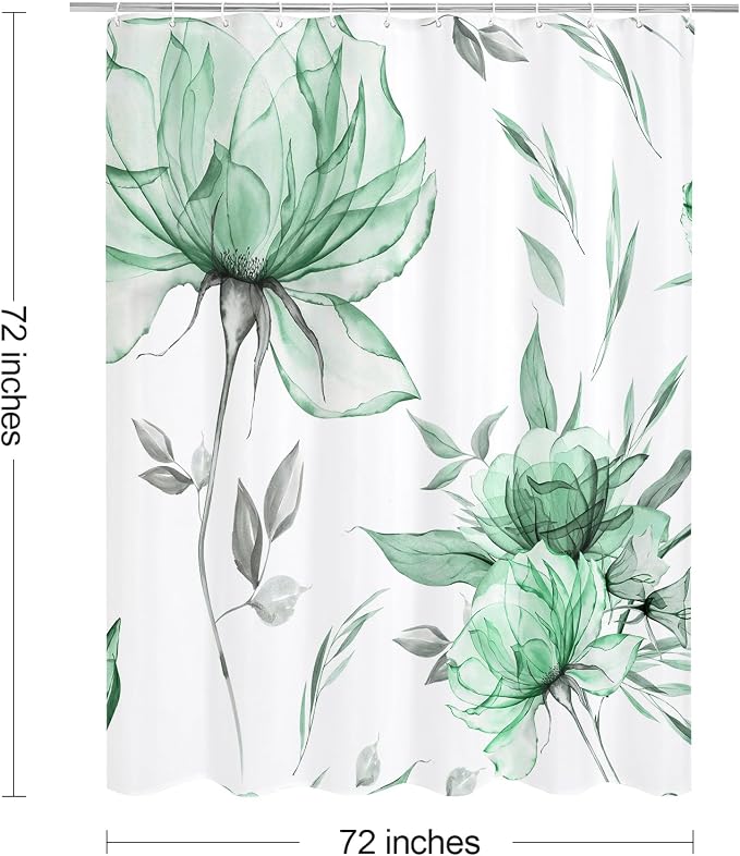 Litabel Mint Green Boho Watercolor Floral Shower Curtain, Ink Painting Style Blossom & Leaf Shower Curtains for Chic Elegant Bathroom, Artistic Fabric Cloth Modern Flower Shower Curtain, 72x72
