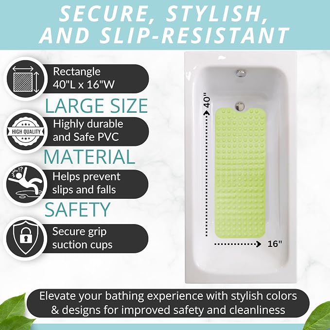 ENKOSI Non-Slip Bath & Shower Mat 40x16 Extra Long, Suction & Drain Holes | Green color; Durable PVC; 40x16 in, Green