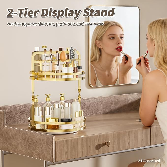 360 Rotating Makeup Organizer,Perfume Organizer, Bathroom Counter Organizer | 2-Tier Large Capacity Gold Vanity Organizer for Dresser,Perfume Shelf with Makeup Brush Holder Stores Skincare and Cosmetics
