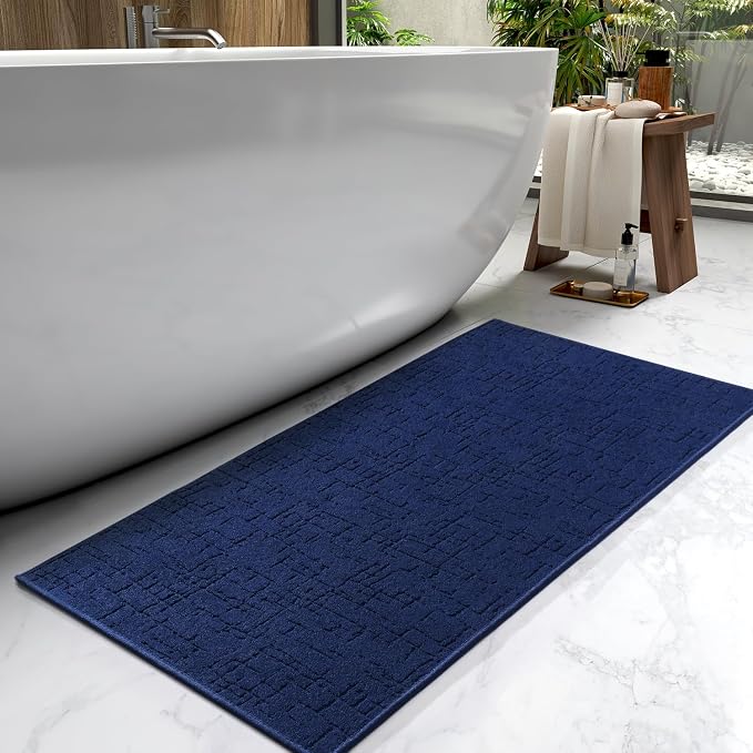 AMOAMI-Bath Mat-Absorbent Quick Dry Bathroom Floor Mats-Washable Rubber Backing Bath Mats for Bathroom Rugs Fit Under Door-Bath Rug for in Front of Sink Bathtub Shower Room, Navy 17''x59''