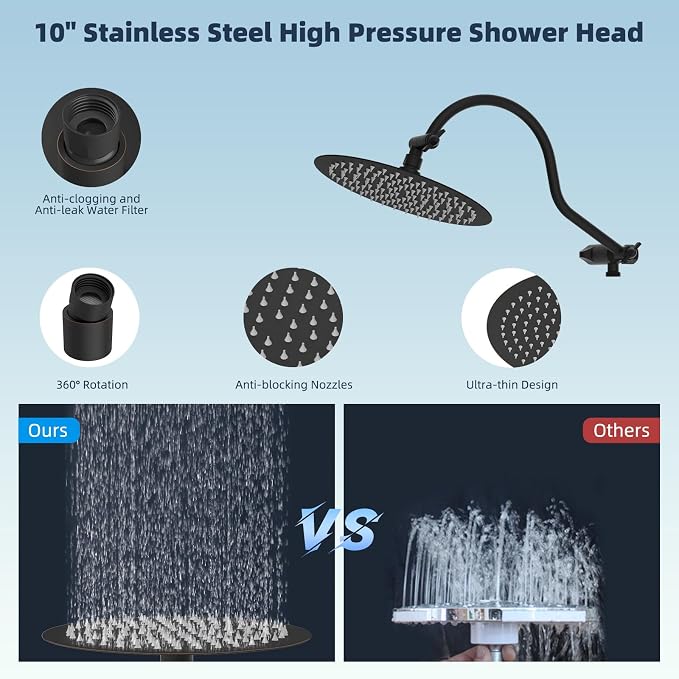 Hibbent All Metal Shower Head, 10'' High Pressure Rainfall Shower Head, Handheld Showerhead Combo with 12'' Adjustable Extension Arm, 10-Spray, 71'' Hose, Shower Holder, Oil Rubbed Bronze
