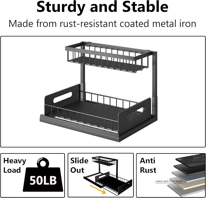 Ceetug Slide Out Under Sink Organizers and Storage, Black, 2 Pack | 2 Tier, Sturdy Metal, Cabinet Organizer, for Kitchen Bathroom