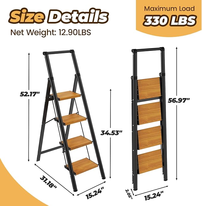 HBTower 4 Step Ladder, Lightweight Aluminum Folding Step Stool | Anti-Slip Wide Pedal, 330lbs Capacity Step Ladder for Household Kitchen Office, BlackWoodgrain