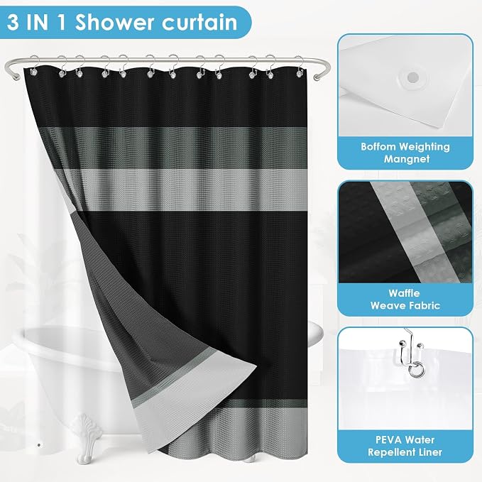 3 in 1 Shower Curtain and Liner,72 x 72 inch, Black Striped | Grey Geometric Shower Curtain and PEVA Liner Set with 12 Rust-Resistant Metal Hooks, Waterproof Fabric Curtains for Bathroom