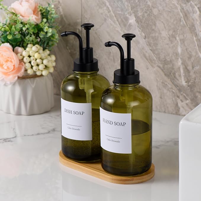 Glass Soap Dispenser with Pump, Dish and Hand Soap Dispenser for Kitchen Bathroom Set, Clear Glass Dispenser Set of 2 Pack with 18 Stickers Funnel Bamboo Tray 500ml 18oz Green