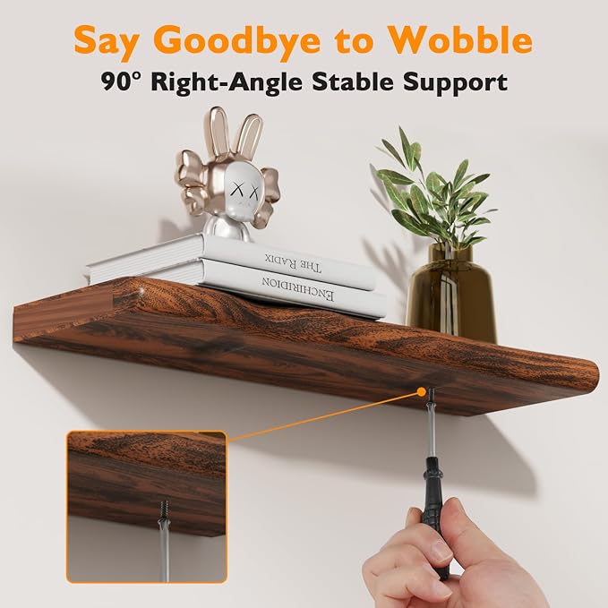 Medium Walnut Finish Floating Shelves with Hidden Bracket, Organic Wavy Edge Wall Shelves, Jointed Solid Pine Construction,Rustic Wall Decor for Living Room & Bathroom (Set of 2-24"