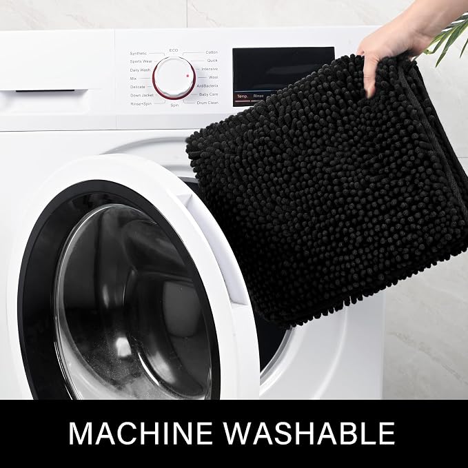 LOCHAS Luxury Bathroom Rug Shaggy Bath Mat 48 x 17 Inch, Black | Washable Non Slip Bath Rugs for Bathroom Shower, Soft Plush Chenille Absorbent Carpets