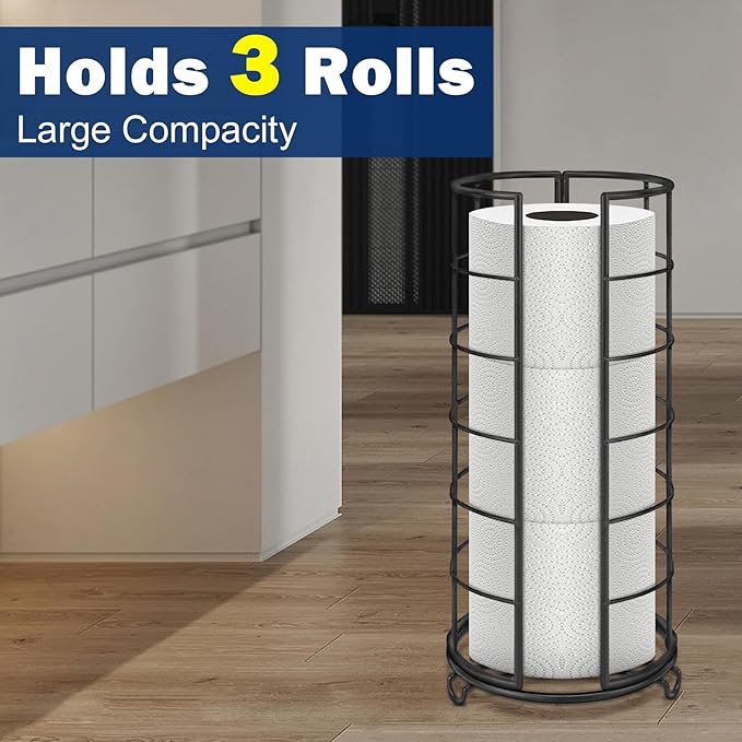 NearMoon Toilet Paper Organizer Stand, Free Standing 3 Rolls Tissue Storage, Metal Bathroom Accessory, Rustproof Toilet Roll Holder for Kitchen Countertop Inside Cabinet Shelf(Metal Base, Matte Black)