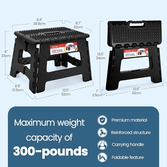 9 Inch Folding Step Stool 300 LB Capacity Non Slip Foot Stool with Handle Plastic Foldable Step Stools for Kids Stepping Stool for Bathroom Black Small Step Stool (1 PC Black) | Heavy Duty Foldable Stools, Lightweight, Holds 300 lb, for Toddler Kitchen...