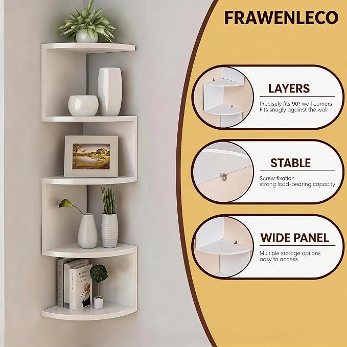 5-Tier Corner Shelf Wall Mount, Screw-Mounted Floating Bookshelf with Enhanced Support, Space-Saving Zigzag Shelf for Bedroom, Living Room, Office, Garage – (White)